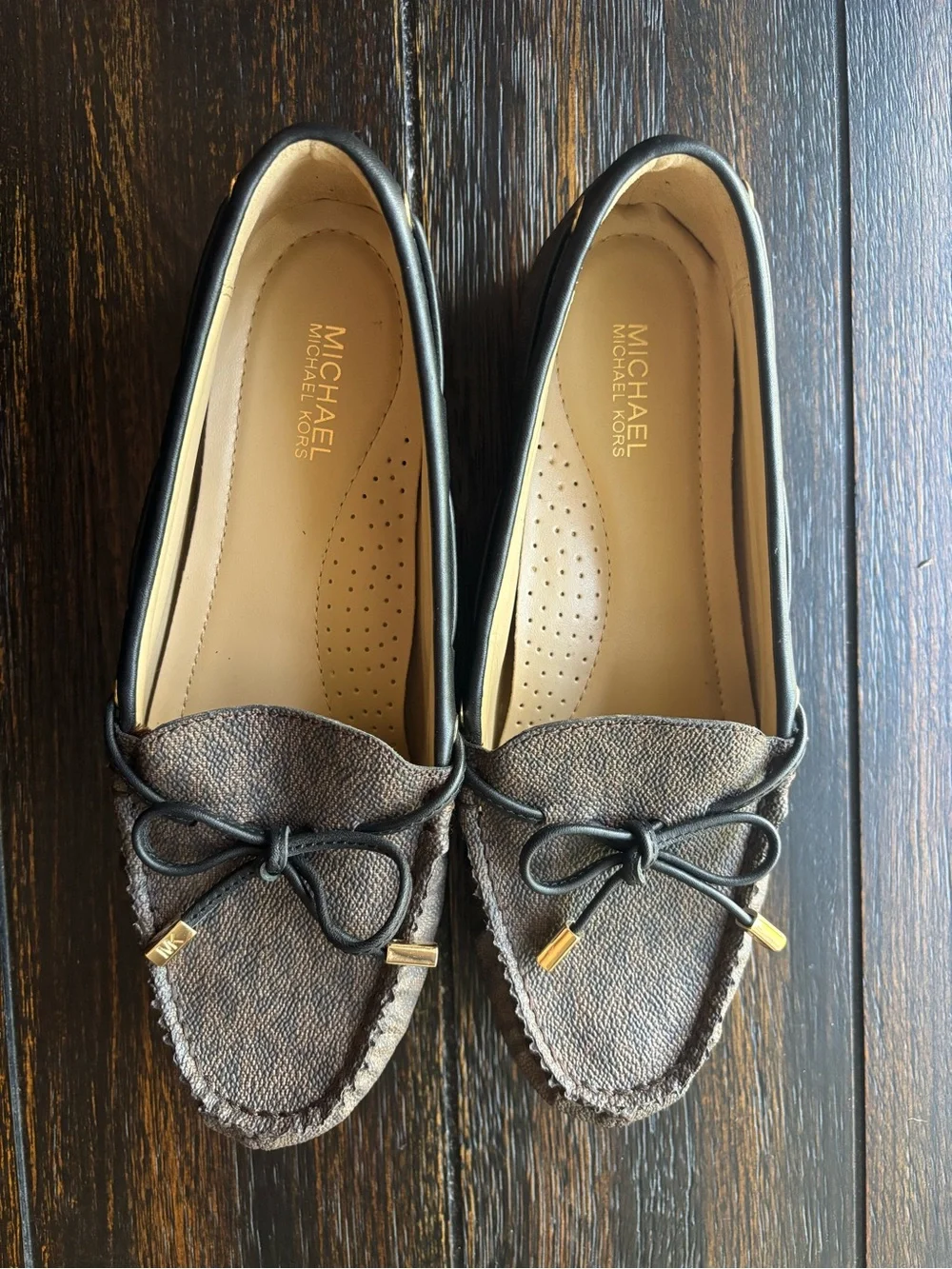 Michael Kors Women’s Dark Brown Leather Moccasin Loafers with Gold Accents
